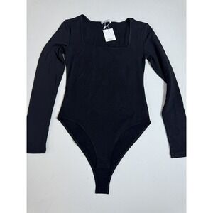 MANGOPOP Women's‎ Square Neck Long Sleeve Bodysuit Color Black Size S